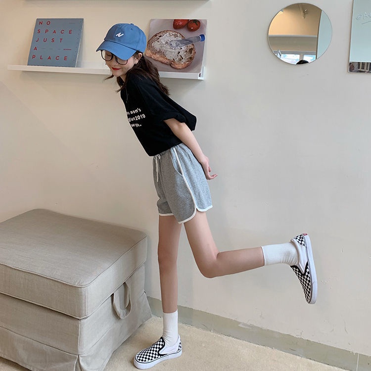WANG JIAO ZHAN Quần Short Cotton Lưng Cao Ống Rộng Dây Rút Phong Cách Hàn Quốc