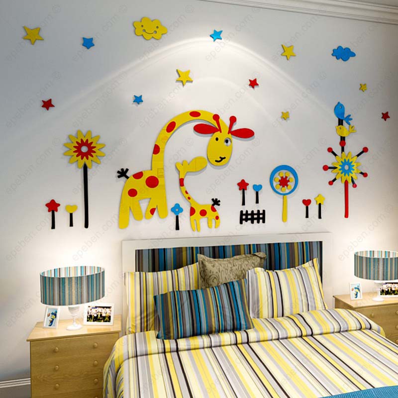 Tranh dán tường mica 3d decor khổ lớn hươu cao cổ trong vườn thú trang trí mầm non, phòng cho bé Nhiều Size - EPeBen