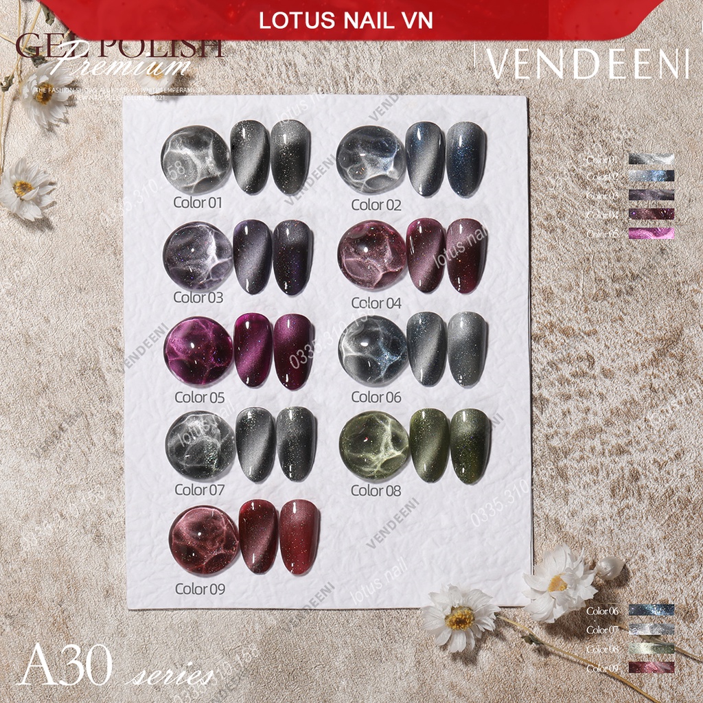 Set sơn gel mắt mèo 9D cao cấp 9 màu Vendeeni mã A30 tặng kèm bảng màu