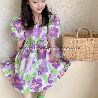 Váy bé gái thiết kế tay bồng đầm bé gái họa tiết hoa tím G06