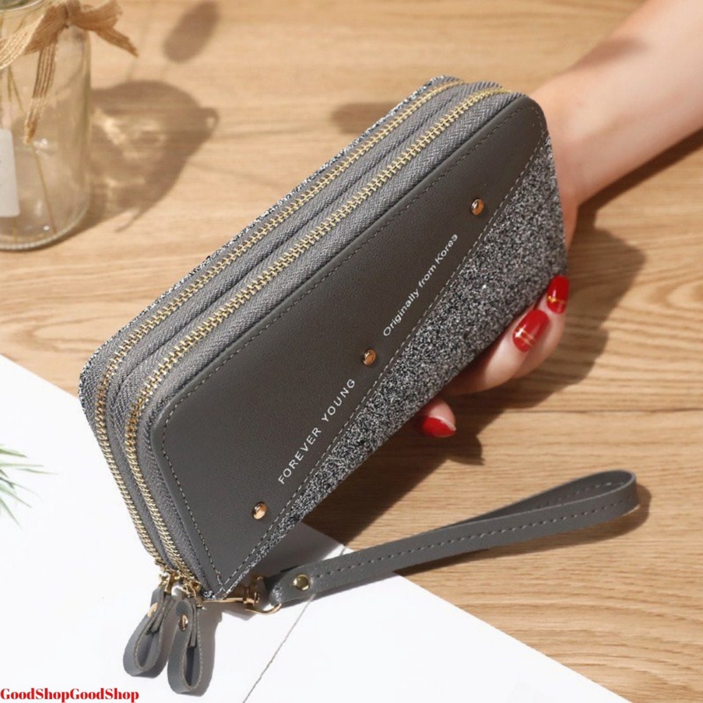 Ví nữ dài cầm tay mẫu mới, với 2 khoá kéo kiểu dáng sang trọng NEW-0057 được phối kim tuyến và kẻ sọc màu chéo đẳng cấp