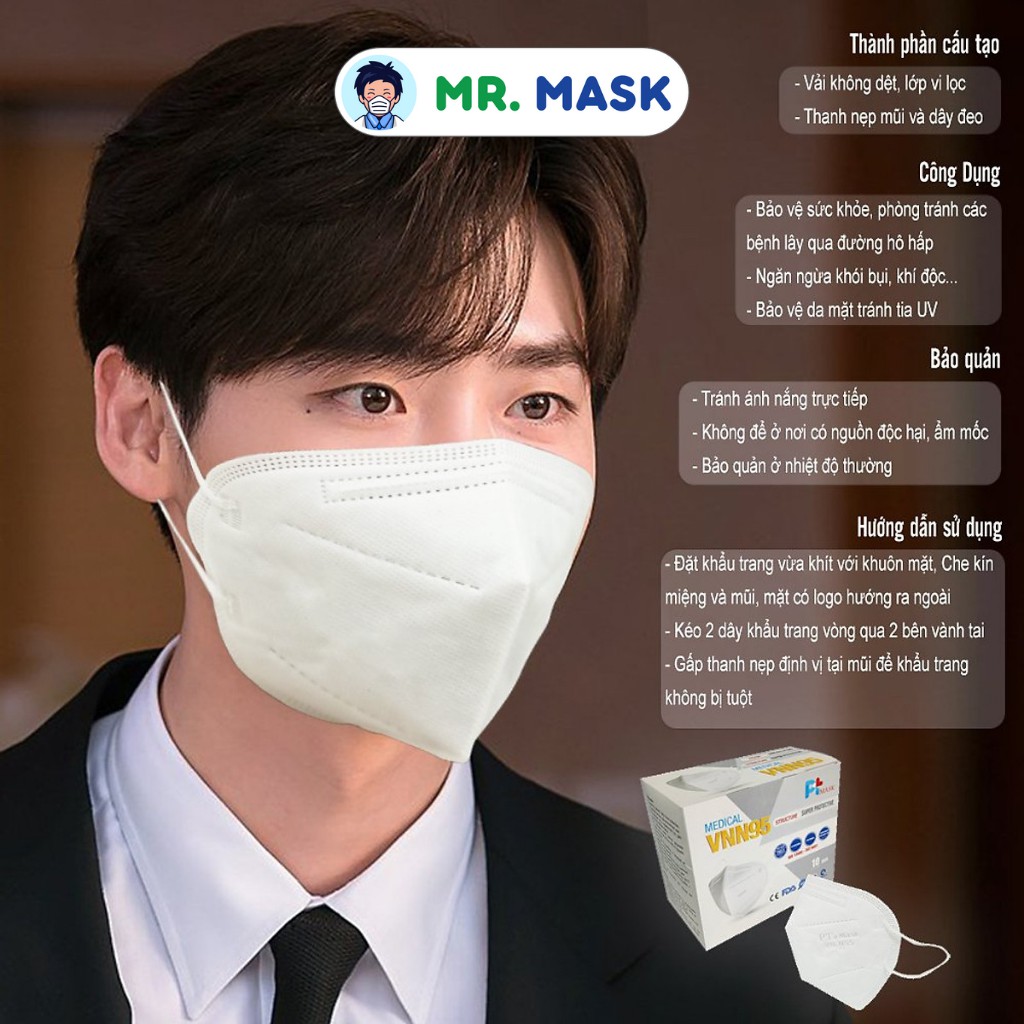Khẩu Trang Y Tế N95 Không Van Cao Cấp Chính Hãng Phương Tuyến, 5 Lớp Kháng Khuẩn, Lọc 95% Bụi Mịn PM 2.5, 10 Cái/Hộp