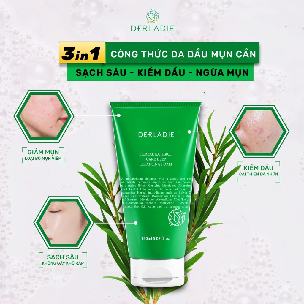 Sữa Rửa Mặt Chiết Xuất Từ Tràm Trà dành Cho Da Dầu Mụn Derladie Herbal Extract Care Deep Cleansing Foam150ml