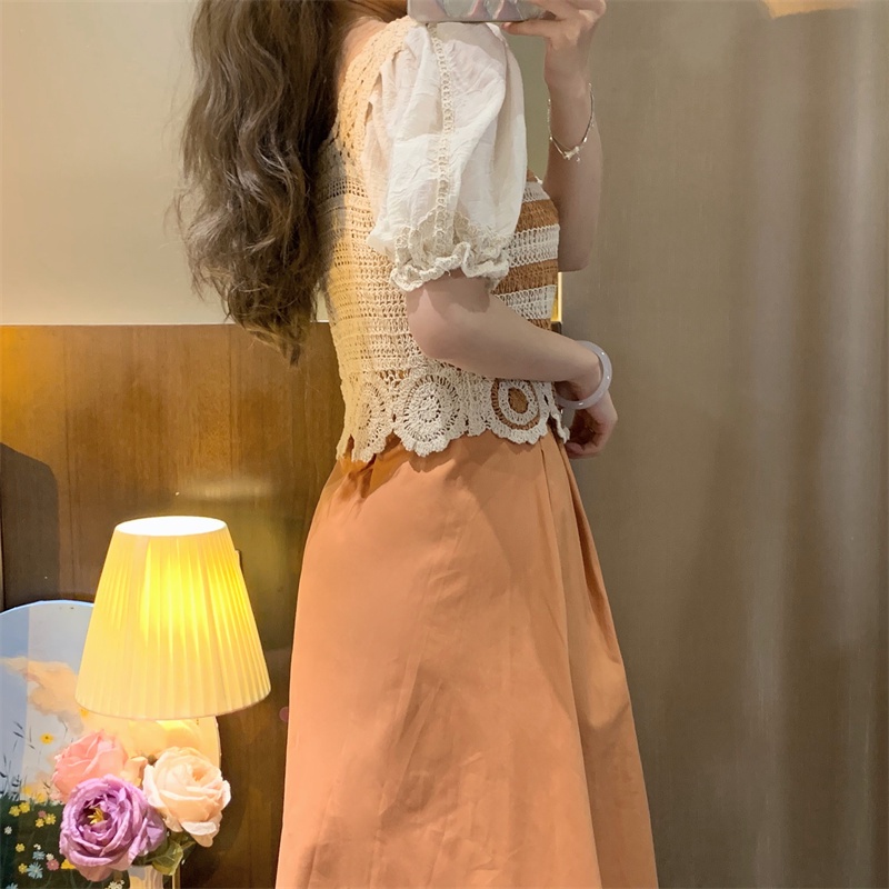 Áo sơ mi ZHELIHANGFEI ren lỗ cổ vuông ngắn tay thời trang sành điệu cho nữ