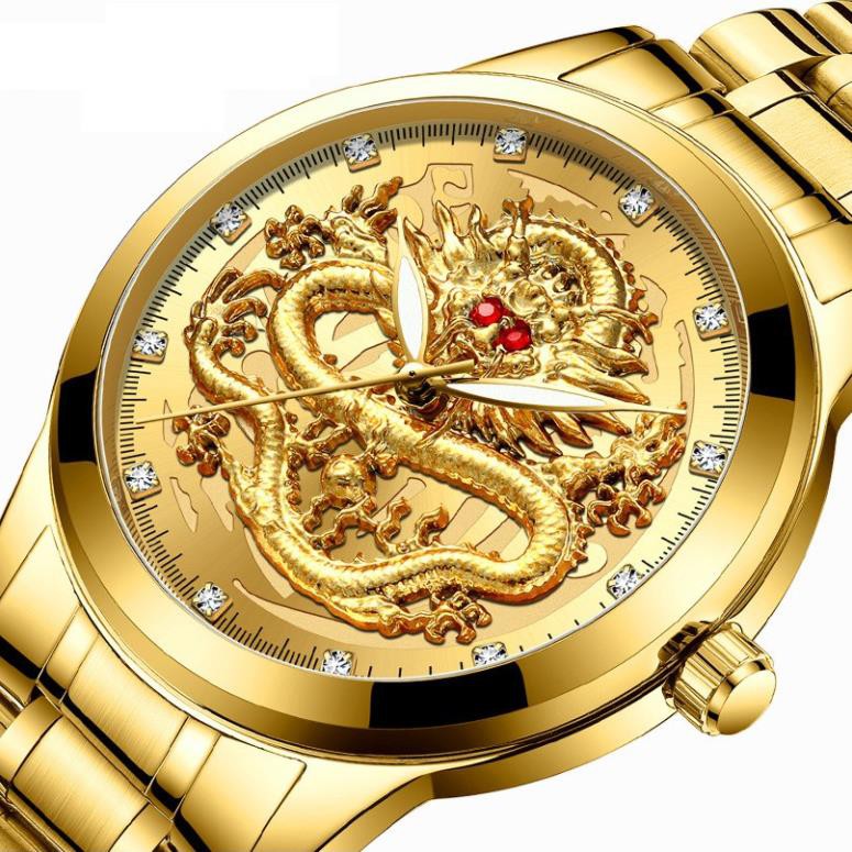 SIÊU SALE (CHUẨN MEN) Đồng Hồ Nam Mặt Rồng Nổi 3D Mắt Đính Đá Đẳng Cấp Doanh Nhân Dây Thép Không Gỉ Cao Cấp