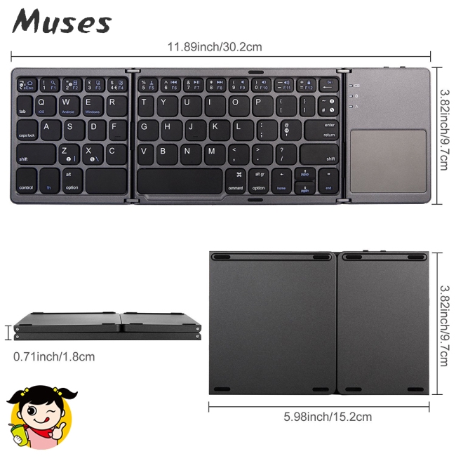 Muse07 Bàn phím 3-Fold- Keyboard Ultra Thin Light ABS Mini Wireless Bluetooth Mini Folding Keyboard Touchpad Windows Android multi-function keys