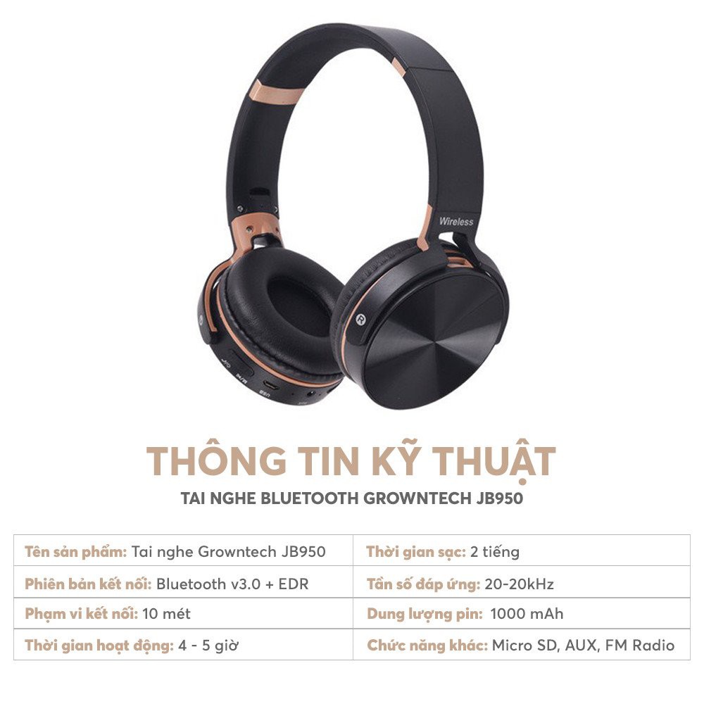 Tai nghe bluetooth chụp tai GROWNTECH - JB950 nghe nhạc không dây bass hỗ trợ cắm thẻ nhớ và cổng 3.5