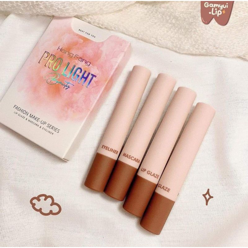 HOT TAOBAO — Set Trang Điểm 4 Món Hengfang Pro Light Beauty — 2 Son Kem + 1 Kẻ Mắt + 1 Mascara — Set Make Up Cao Cấp