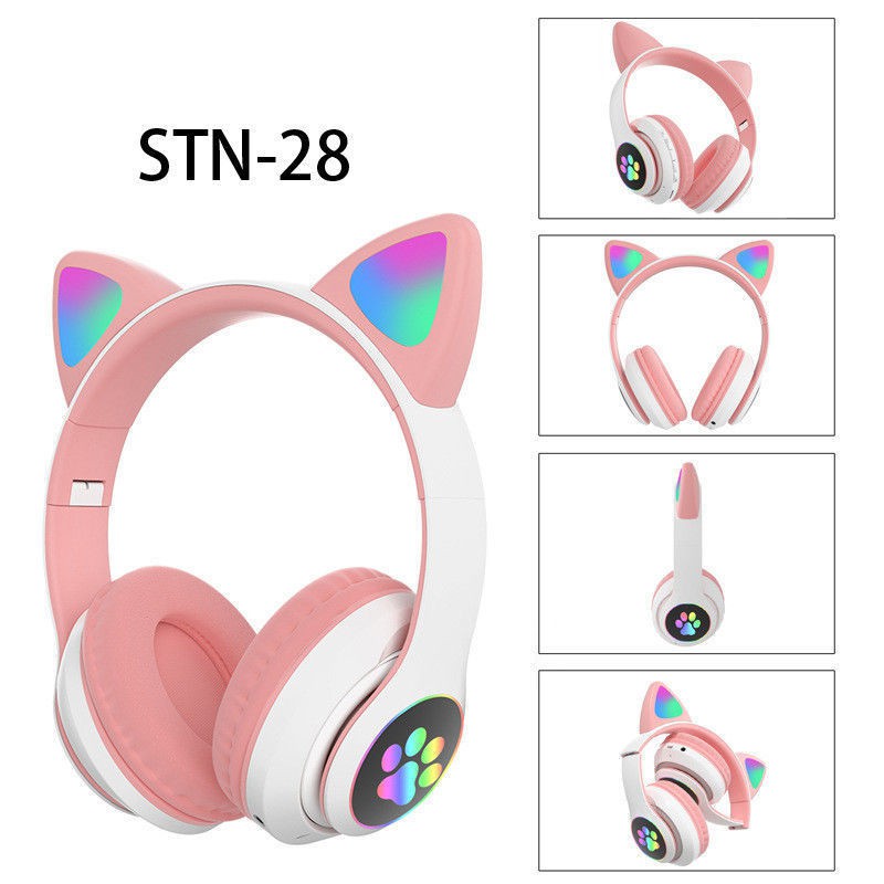 Tai Nghe Chụp Tai STN-28 / Tai Nghe Bluetooth 5.0 Mèo Cute Có Micro Chuyên Livestream LED RGB 12 Chế Độ EQ-Âm Bass Mạnh