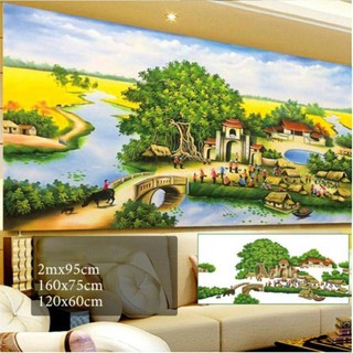 [ Sale sốc] Tranh đính đá phong cảnh làng quê tuyệt đẹp 120x60cm