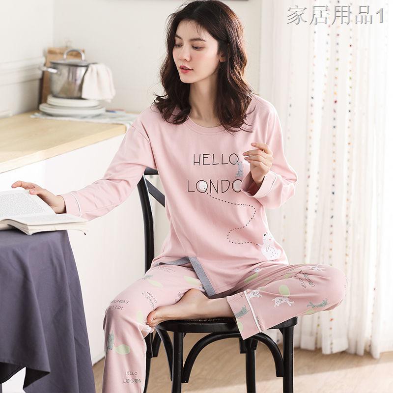 ☾✎100% cotton pyjama. Bộ quần áo dài tay mùa xuân, thu và đông của phụ nữ. hè có thể mặc ở nhà.1