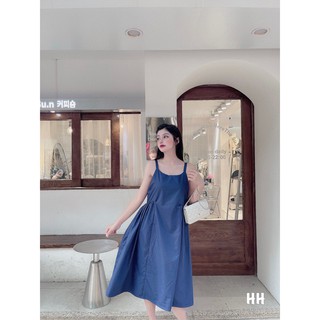 Váy đầm hai dây dài xòe maxi màu xanh than chảnh xinh cho nữ
