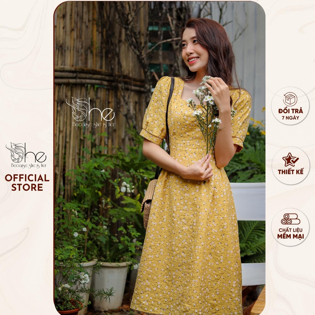 Váy cổ vuông thiết kế She, đầm nữ xếp li midi bánh bèo tiểu thư SDX97