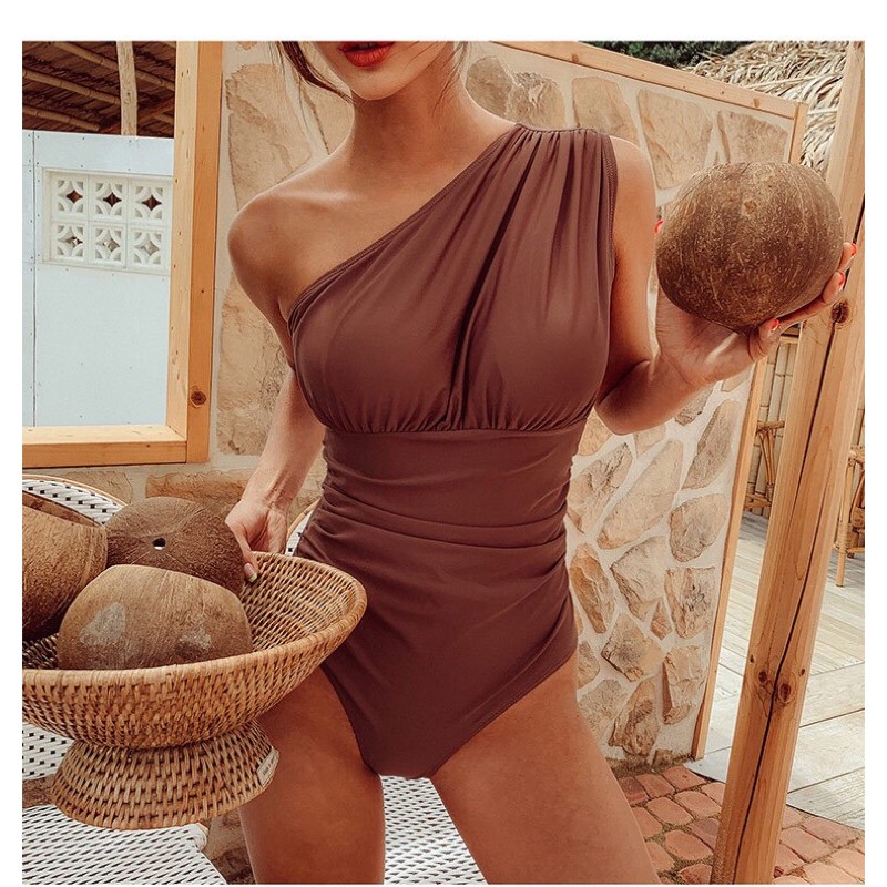 Monokini Nâu Lệch Vai - Bikini Lệch Vai Nhún Eo - Đồ Bơi 1 Mảnh Lệch Vai Nhún Eo