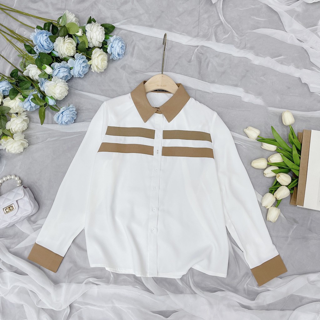 Áo sơ mi nữ trắng dài tay công sở Chunxuu phối sọc kẻ kiểu cách chất Tơ mềm mịn thời trang - SP40