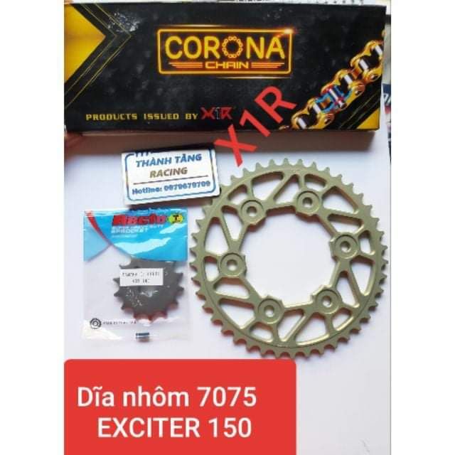 NHÔNG SÊN DĨA EXCITER 150 Dĩa nhôm 7075 Sên vàng Phốt đỏ X1R CORONA CHÍNH HÃNG