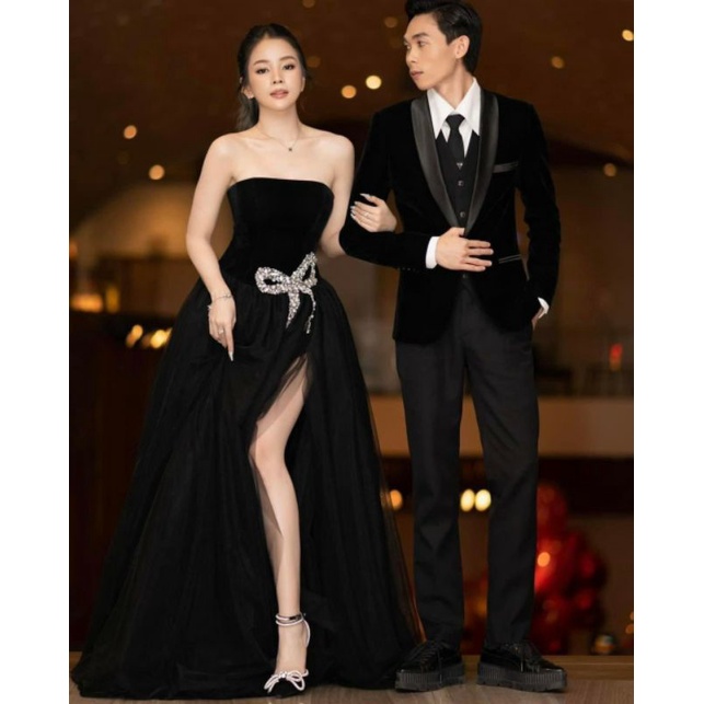Đầm nhung cúp ngực đính đá nơ pha lê cao cấp, dành sự kiện, sinh nhật, prom, lễ hội, event, concept