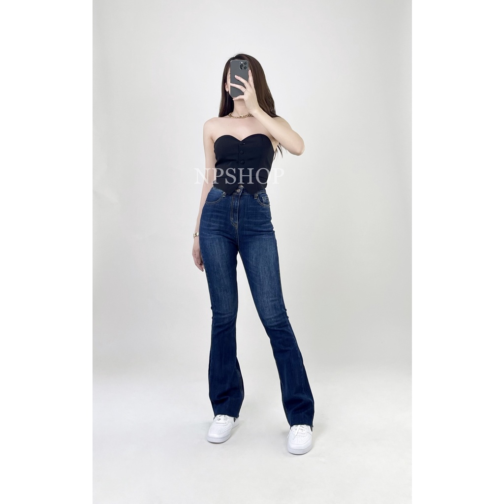 Quần jean ống loe lưng cao trơn dài NPSHOP, quần bò ống loe cạp cao dài sang chảnh NPQ064
