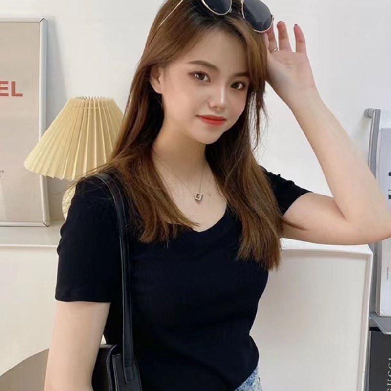 Áo Croptop Dệt Kim Tay Ngắn Màu Sắc Đơn Giản Thời Trang Mùa Hè Cho Nữ