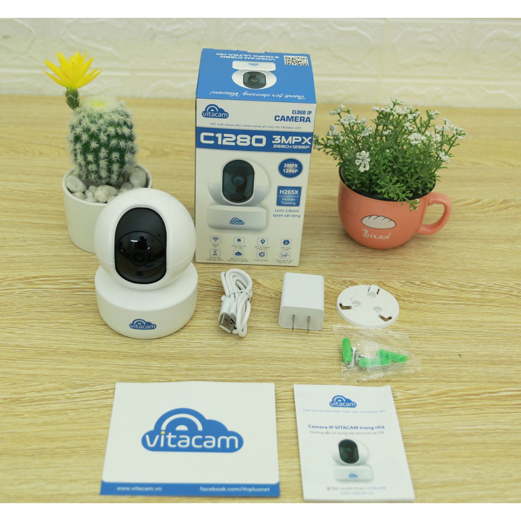 Camera IP Wifi Vitacam C1280 3.0MP FullHD+ 1536P có cổng LAN, hồng ngoại ban đêm, đàm thoại 2 chiều (Trắng)