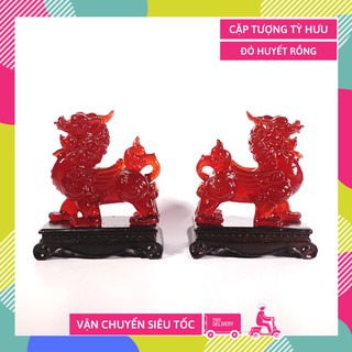 Cặp tượng Tỳ Hưu đỏ huyết rồng phong thủy cầu tài lộc - Cao 15cm, có hướng dẫn khai quang