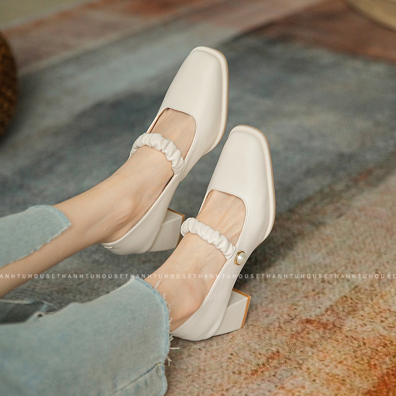 Giày Cao Gót Nữ Mary Jane Mũi Vuông Quai Nhún Vintage - ORGD001