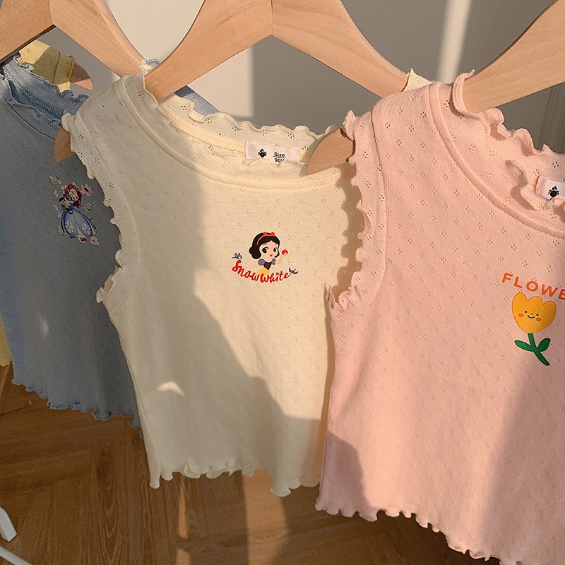 Áo Sát Nách Phối Ren Họa Tiết Hoạt Hình Phong Cách Hàn Quốc Xinh Xắn Cho Bé Gái