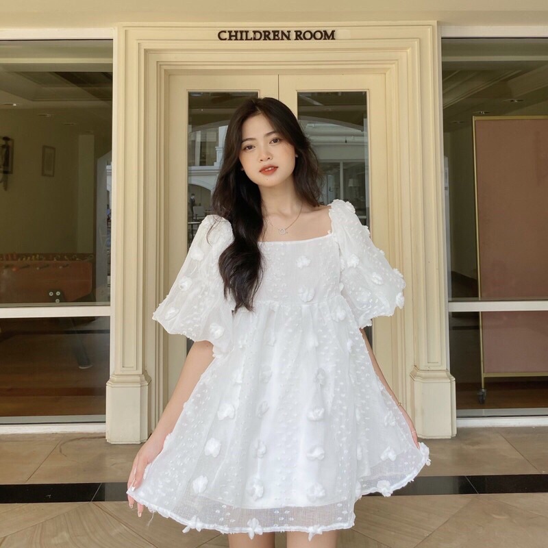 Áo váy babydoll hoa nổi tay bồng dễ thương Pea Store