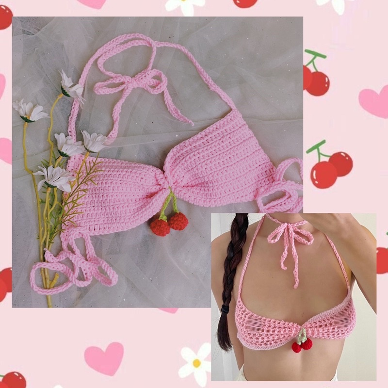 Cherry Bralette Len- Crochet Top - Bikini Len Móc [Xanh lá nhé]