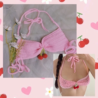 Cherry Bralette Len- Crochet Top - Bikini Len Móc