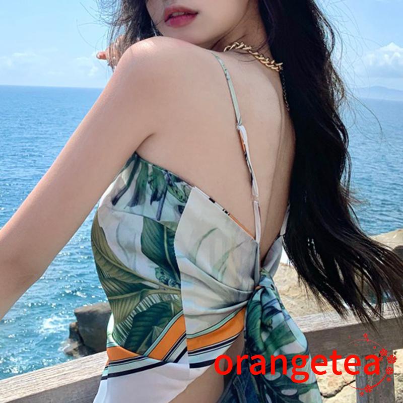 Áo Nữ Hai Dây Hở Lưng Họa Tiết Lá Cây Thời Trang