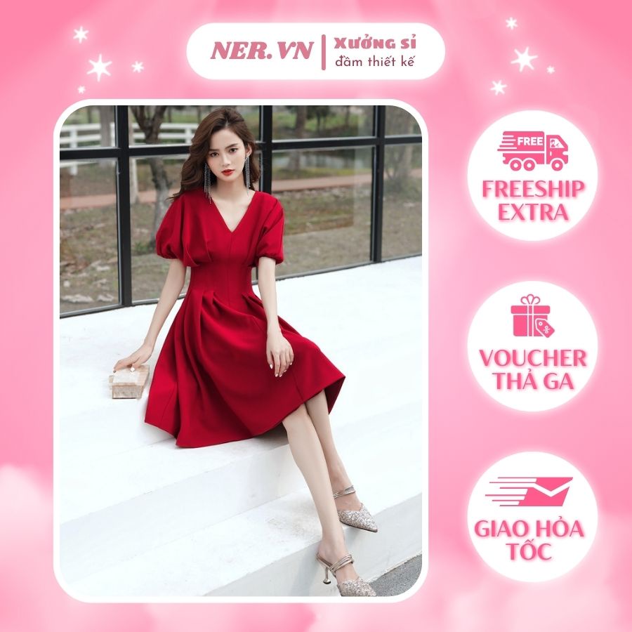 Váy đỏ đầm xòe dự tiệc đỏ xinh mặc Tết N130 thiết kế cổ V tay cánh dơi mới lạ cá tính ấn tượng mạnh mẽ khi đi tiệc