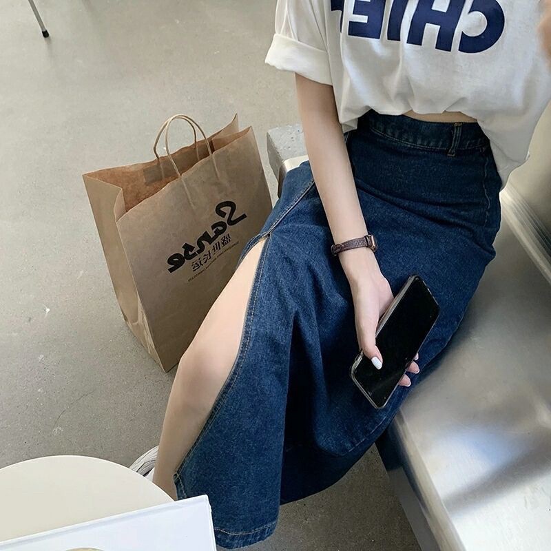 Chân Váy Jean nữ AIORI Dài Dáng Chữ A Xẻ Tà Thời Trang Hàn Quốc_Mã V02