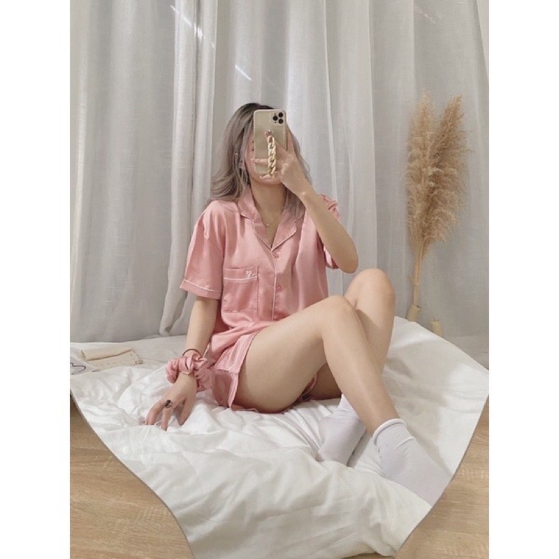 Bộ ngủ pizama chin's pịjama mặc nhà trơn nhiều màu xanh đen trắng hồng(Ảnh thật)
