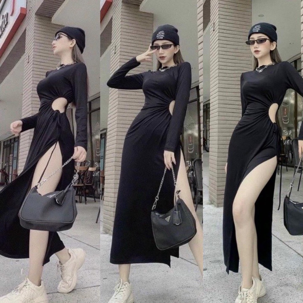 Đầm body ôm dáng dài khoét eo xẻ tà borip tôn ôm from tôn dáng v17
