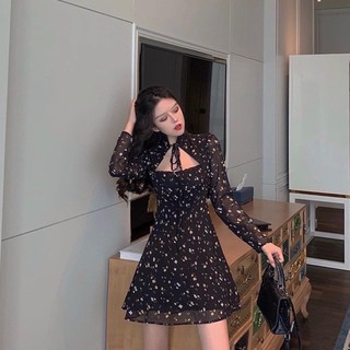 Đầm hoa nhí đen cột nơ cổ