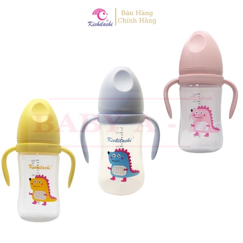 Bình Sữa Cho Bé, Nhựa PP Cổ Rộng, Kichi Có Quay Cầm 240ml