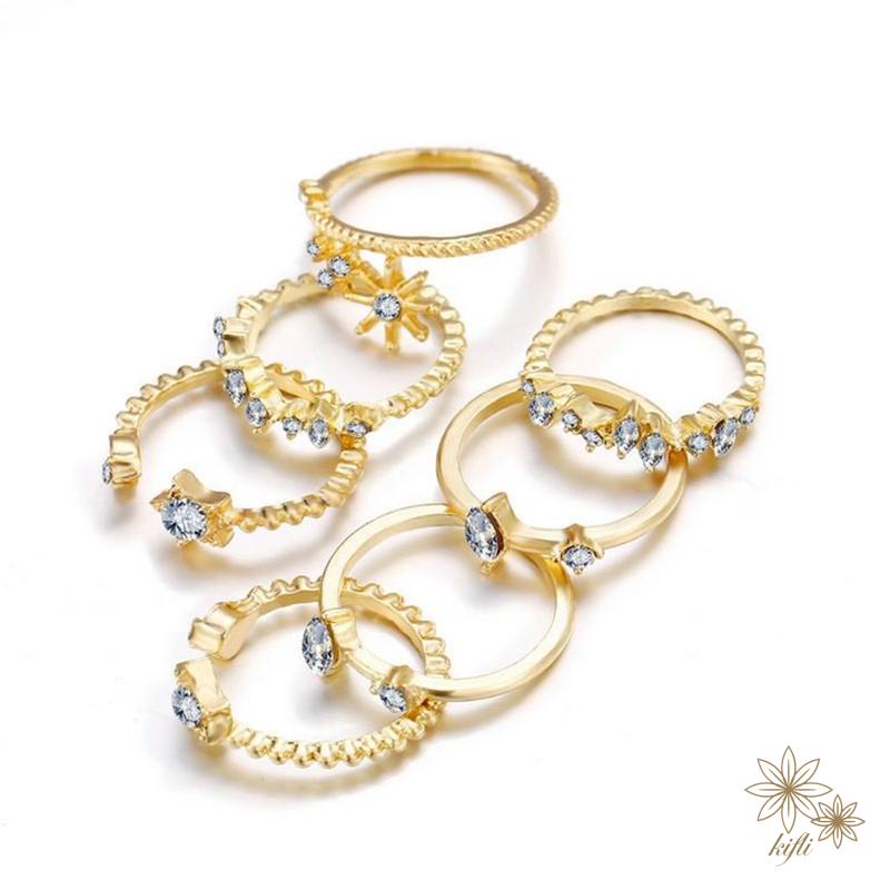 【kifli】Bộ nhẫn 17KM mạ vàng / bạc đính ngọc trai giả họa tiết rắn / xoắn / trái tim / bướm cá tính