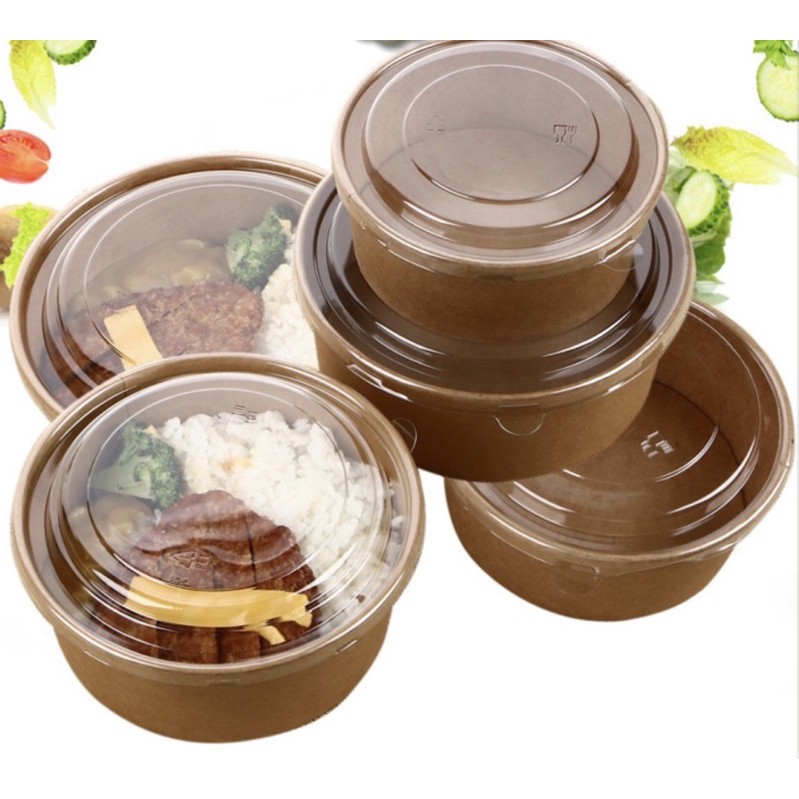 05 Bát Giấy/Hộp Giấy Kraft Tròn Có Nắp 750ml-1000ml