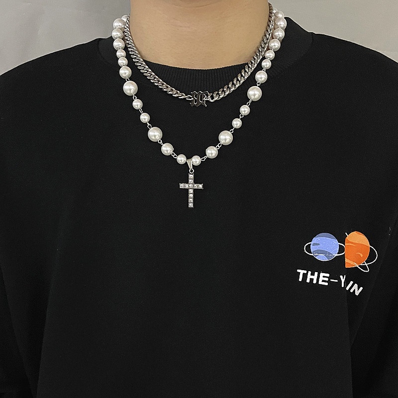 Vòng cổ Mặt Chữ Thập Đính Đá Ngọc Trai Phong Cách hip hop Cho Nam Nữ