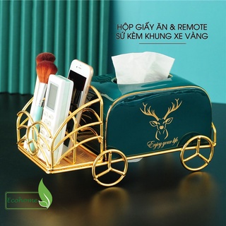 Hộp đựng khăn giấy gốm sứ xanh ngọc lục bảo | kèm kệ mạ vàng đựng điều khiển từ xa đa năng | phong cách bắc âu