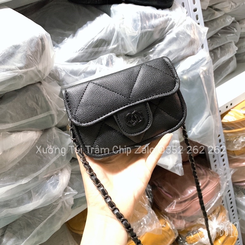 Túi Mini Nữ , Túi Đeo Chéo Da Hạt Logo Dây Xích Đen trer trung TX081 - memin