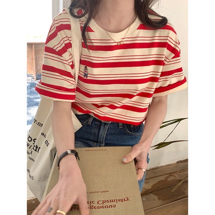 Áo Thun Tay Ngắn Họa Tiết Kẻ Sọc Thiết Kế Mới Thời Trang Mùa Hè Theo Phong Cách Hàn Quốc Cho