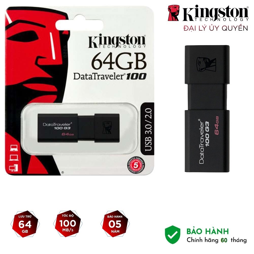 USB 3.0 Kingston DT100G3 64Gb - Hàng Chính Hãng bảo hành 5 năm