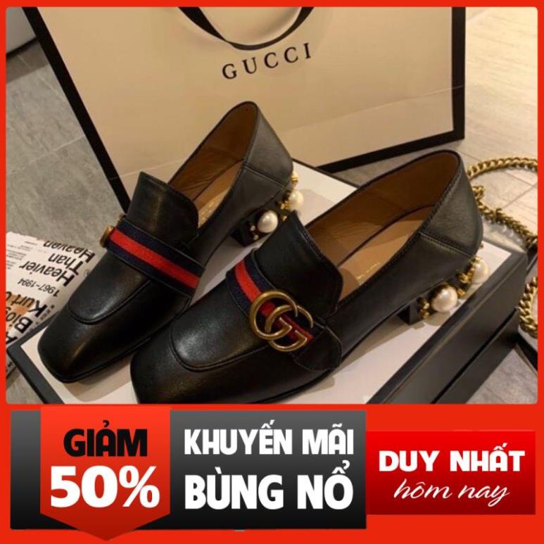 XẢ giày loafer nữ da thật mũi vuông quai logo GG đế 2cm đính hạt ngọc Gucci GC