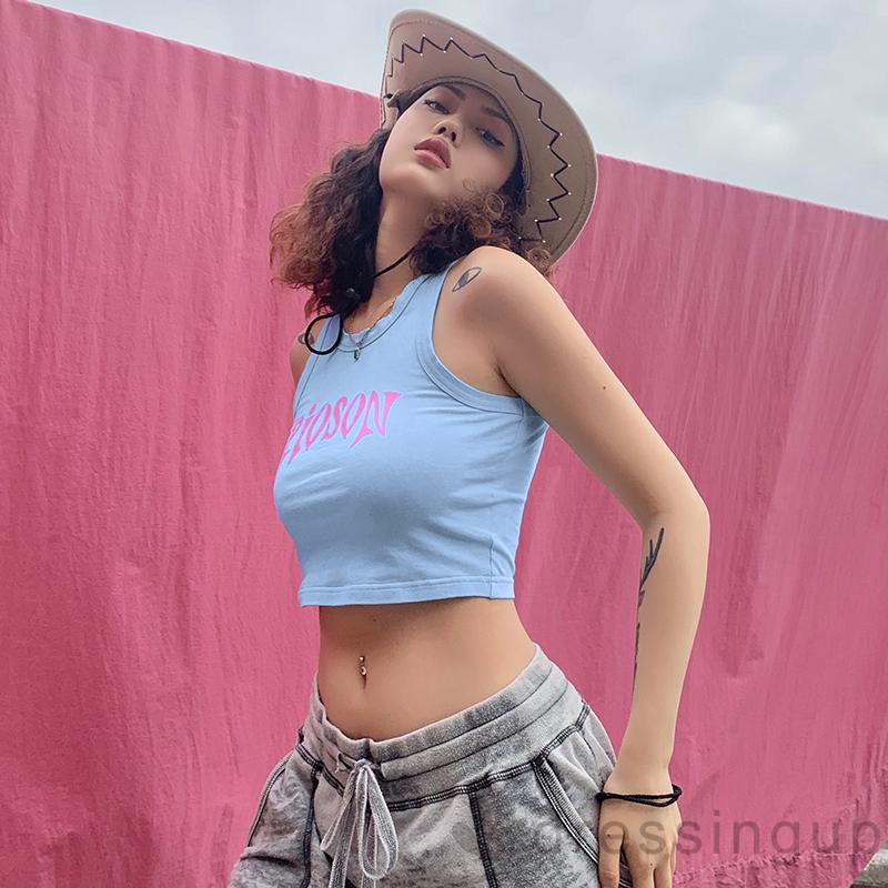 Áo Thun Sát Nách Cổ Tròn Dáng Ôm In Chữ Cá Tính Cho Nữ