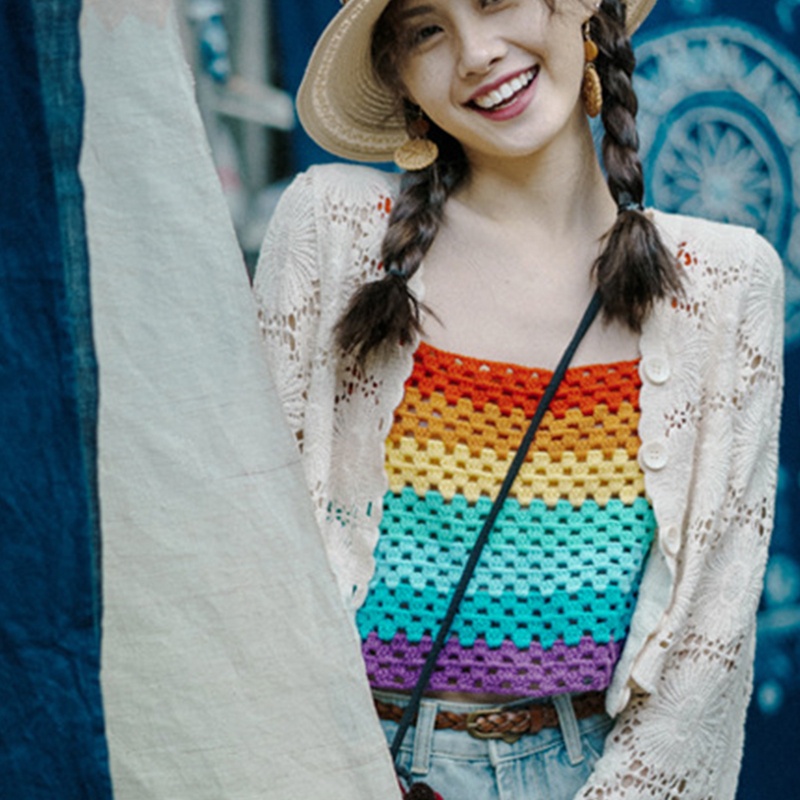 Brroa Áo Croptop Dệt Kim Hai Dây Màu Cầu Vồng Ngọt Ngào Phong Cách Boho Mùa Hè Cho Nữ