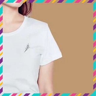 Áo Thun Thêu Tay Kháng Khuẩn👒FREESHIP👒Thêu Hình Lá Cotton, cổ tròn màu Trắng, vải 100%cotton kháng khuẩn-SANG-XỊN-MỊN