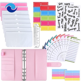 Sổ tay tích hợp ví đựng tiền mặt và hóa đơn 12 ngăn hỗ trợ lập kế hoạch chi tiêu khối a6 bìa da pu có miếng dán hình