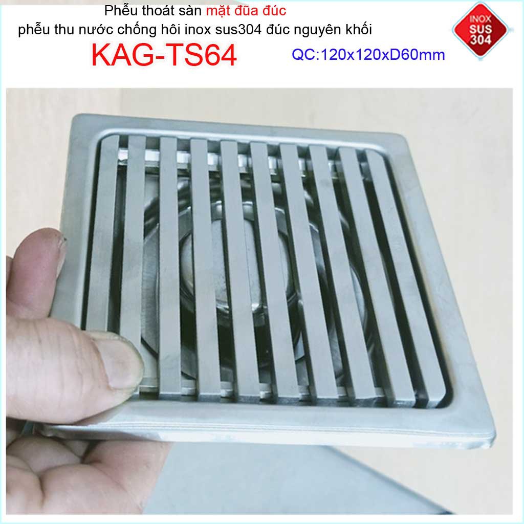 Phễu thoát sàn mặt đũa inox đúc Inox Kace 12x12cm D60 , thoát sàn KAG-TS64 (12x12cm D60) chống hôi SUS304